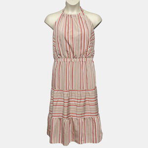 Kaari Blue Curvy Womens Dress Plus 2X Pink Stripe Tiered Halter Sundress Midi